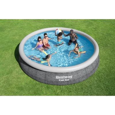 Bestway Fast Set 15' X 33" Round Inflatable Outdoor Above Ground Swimming Pool Set With 530 Gallon Filter Pump And Repair Patch, Gray Rattan 4 Bestway Fast Set 15' X 33" Round Inflatable Outdoor Above Ground Swimming Pool Set With 530 Gallon Filter Pump And Repair Patch, Gray Rattan - Image 2