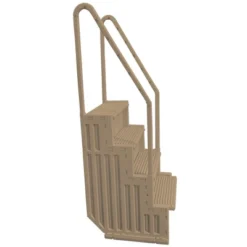 Confer STEP-1VM Stair Ladder Entry System With 4 Steps And 2 Handrails For Flat Bottom Above Ground Swimming Pool, Snap-In Installation, Warm Beige