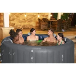 Bestway SaluSpa Santorini HydroJet Pro 5-7 Person Inflatable Hot Tub Round Portable Outdoor Spa W/180 AirJets & EnergySense Energy Saving Cover, Grey