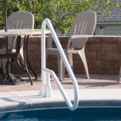 Saftron 54" X 32" Cross Braced 3 Bend Slope In-Water Aluminum Outdoor Swimming Pool Return To Deck Entry/Exit Handrail With Polymer Coating, White -Swimline Shop GUEST 61ec344b 4228 4c6b 82be a4740f5d3ea6
