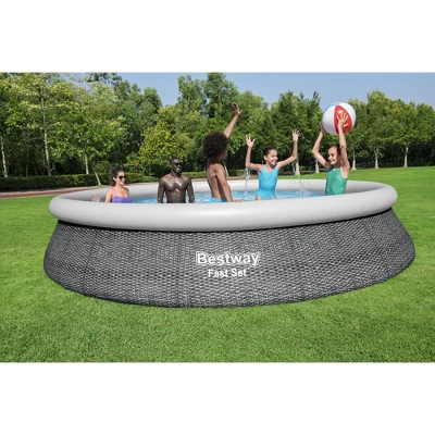 Bestway Fast Set 15' X 33" Round Inflatable Outdoor Above Ground Swimming Pool Set With 530 Gallon Filter Pump And Repair Patch, Gray Rattan 5 Bestway Fast Set 15' X 33" Round Inflatable Outdoor Above Ground Swimming Pool Set With 530 Gallon Filter Pump And Repair Patch, Gray Rattan - Image 3