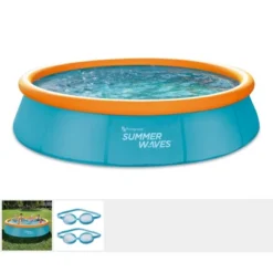 Summer Waves P10012303 12 Foot Wide Quick Set Inflatable Top Ring Kiddie Swimming Pool With Deep Sea Ocean Life Graphics And 3D Goggles, Blue