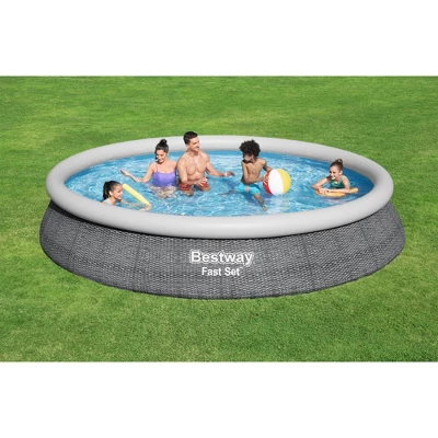Bestway Fast Set 15' X 33" Round Inflatable Outdoor Above Ground Swimming Pool Set With 530 Gallon Filter Pump And Repair Patch, Gray Rattan 6 Bestway Fast Set 15' X 33" Round Inflatable Outdoor Above Ground Swimming Pool Set With 530 Gallon Filter Pump And Repair Patch, Gray Rattan - Image 4
