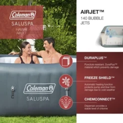 Coleman SaluSpa Inflatable Hot Tub Square Portable Outdoor Spa With 114 Soothing AirJets And Insulated Cover