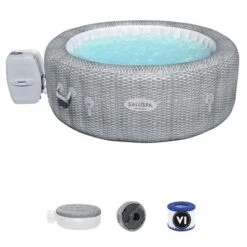 Bestway Honolulu SaluSpa 6 Person Inflatable Round Hot Tub Spa With 140 AirJets And EnergySense DuraPlus Waterproof Round Thermal Spa Cover, Gray
