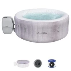 Bestway Cancun SaluSpa Inflatable Round Hot Tub Spa With 120 AirJets & EnergySense Waterproof Round Thermal Protective Spa Cover, Gray